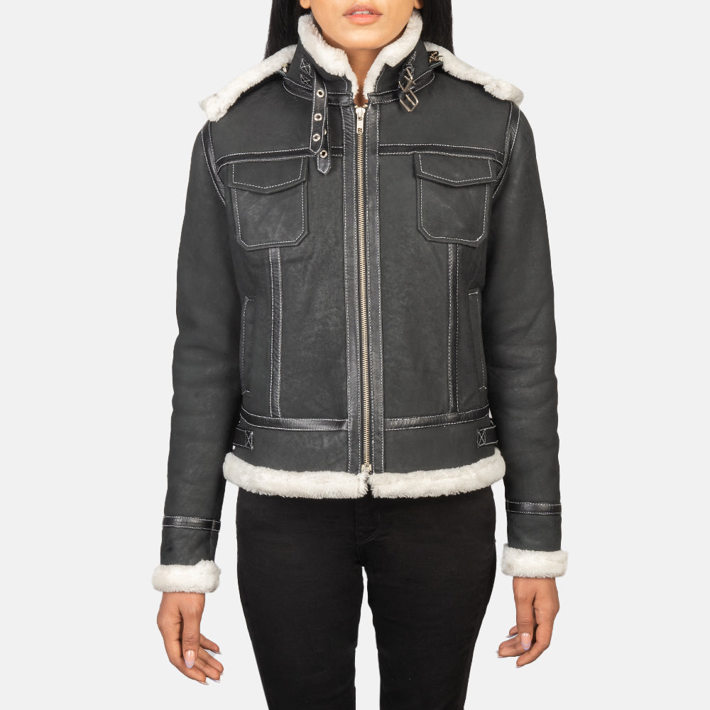 Fiona Black Hooded Shearling Leather Jacket - women's jacket in black sheepskin leather, view 4