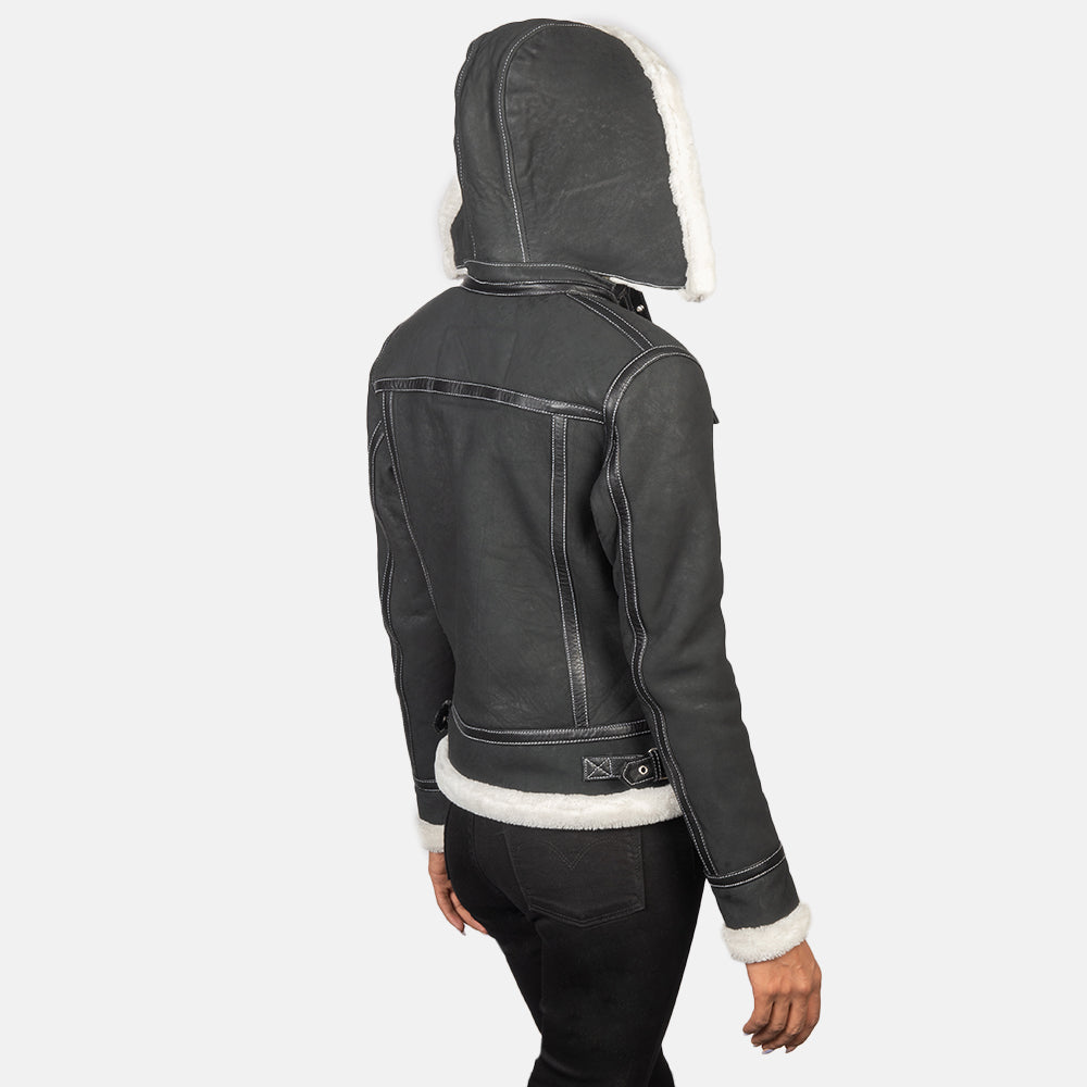 Fiona Black Hooded Shearling Leather Jacket - women's jacket in black sheepskin leather, view 5