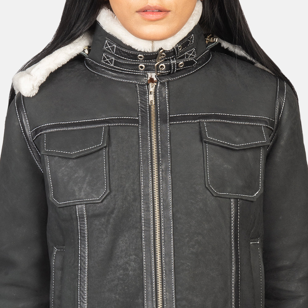 Fiona Black Hooded Shearling Leather Jacket - women's jacket in black sheepskin leather, view 6