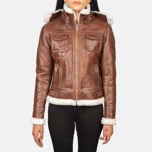 Fiona Brown Hooded Shearling Leather Jacket - women's jacket in brown sheepskin leather, view 1
