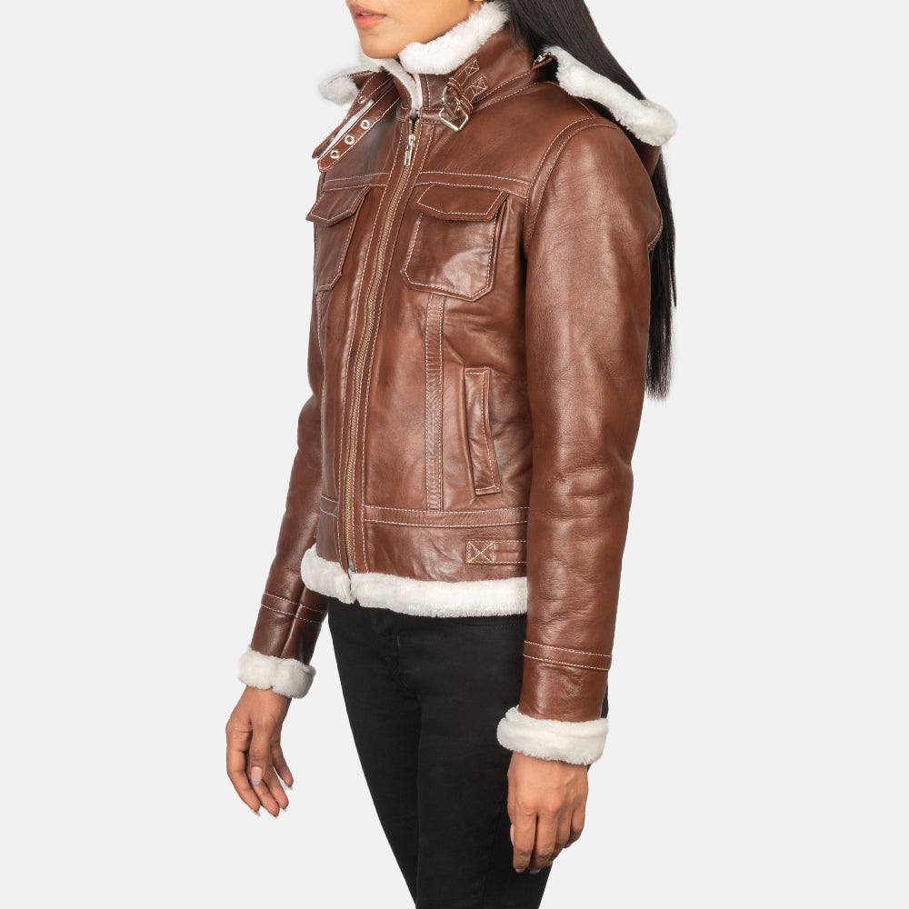 Fiona Brown Hooded Shearling Leather Jacket - women's jacket in brown sheepskin leather, view 2