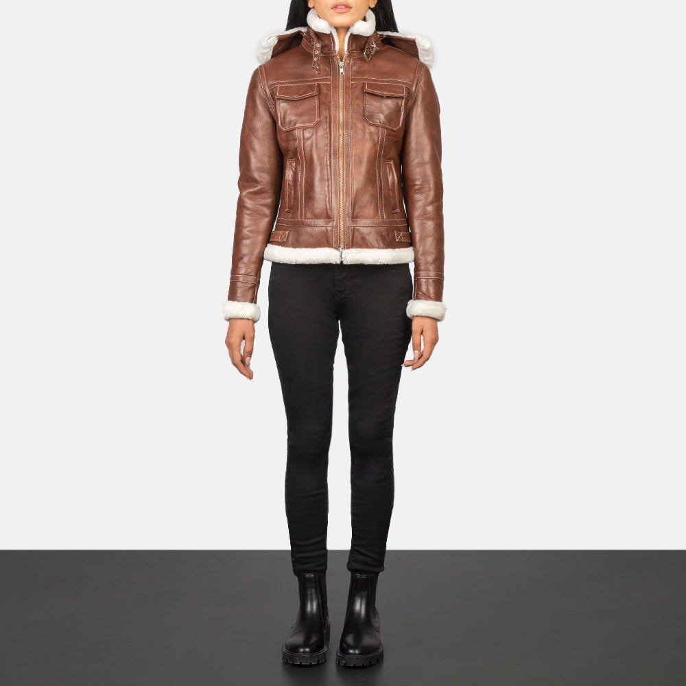 Fiona Brown Hooded Shearling Leather Jacket - women's jacket in brown sheepskin leather, view 3