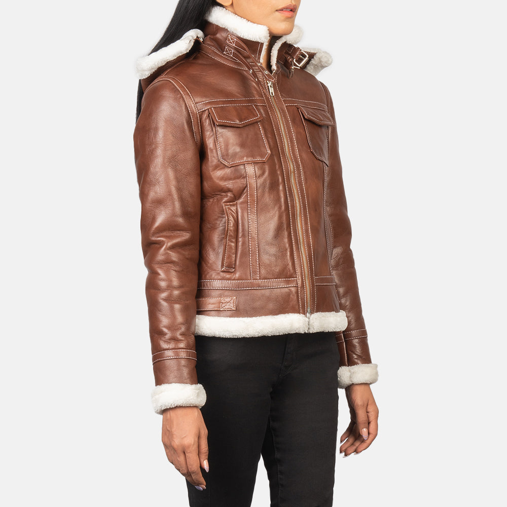 Fiona Brown Hooded Shearling Leather Jacket - women's jacket in brown sheepskin leather, view 4