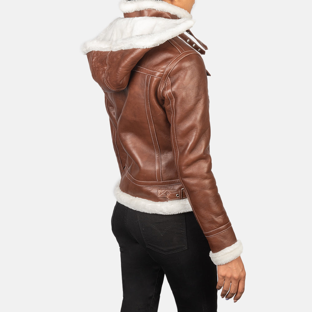 Fiona Brown Hooded Shearling Leather Jacket - women's jacket in brown sheepskin leather, view 5
