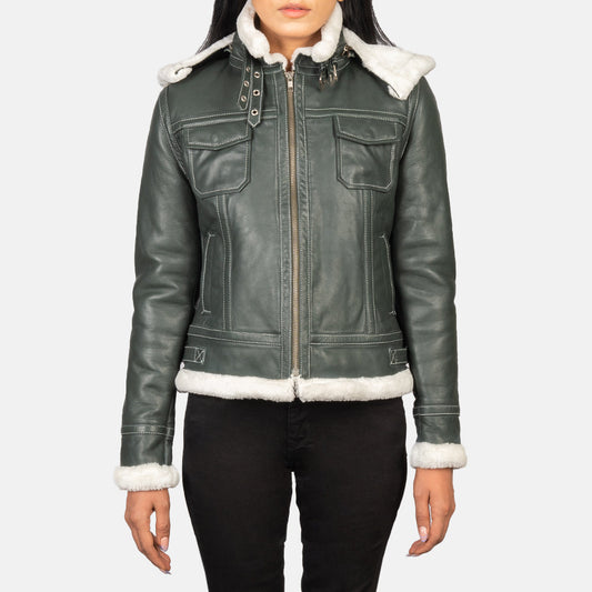 Fiona Green Hooded Shearling Leather Jacket - women's jacket in green sheepskin leather, view 1