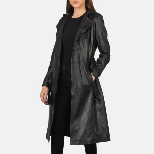 Brex Fixon Hooded Black Trench Coat - women's coat in black sheepskin leather, view 1