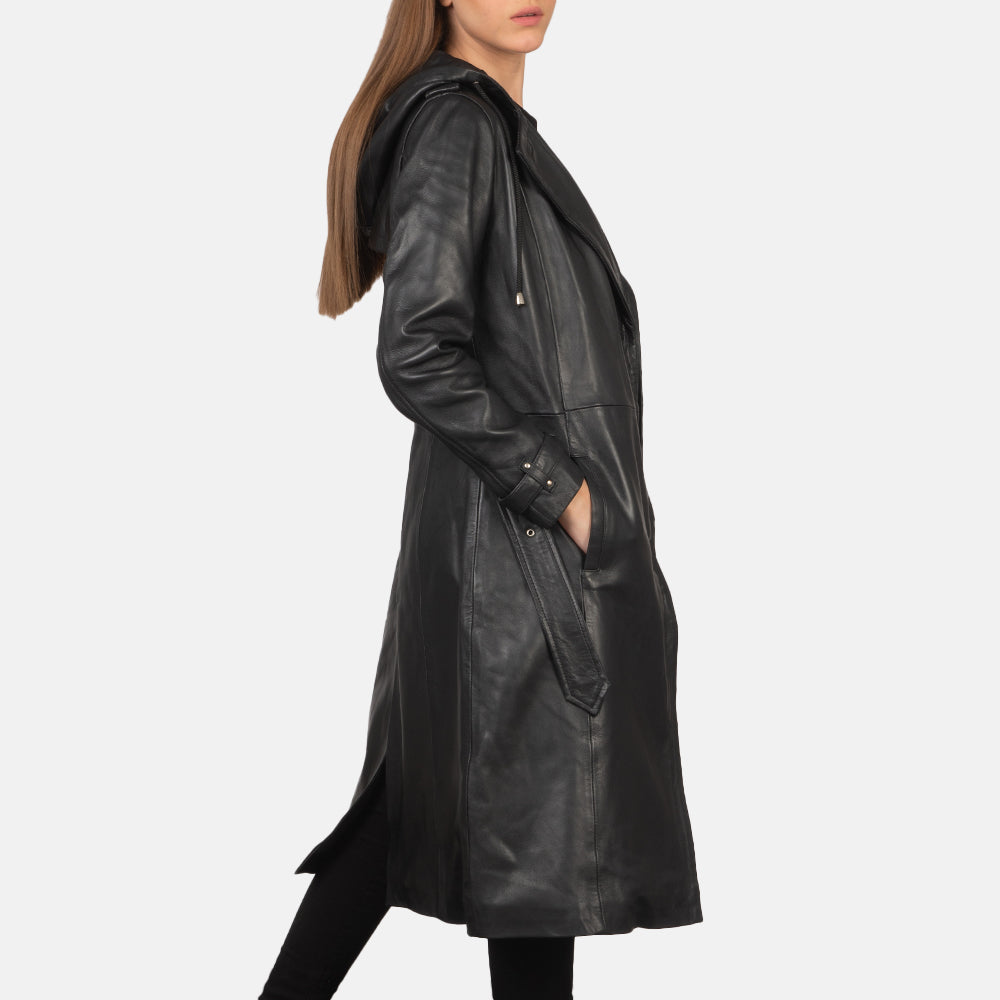 Brex Fixon Hooded Black Trench Coat - women's coat in black sheepskin leather, view 2
