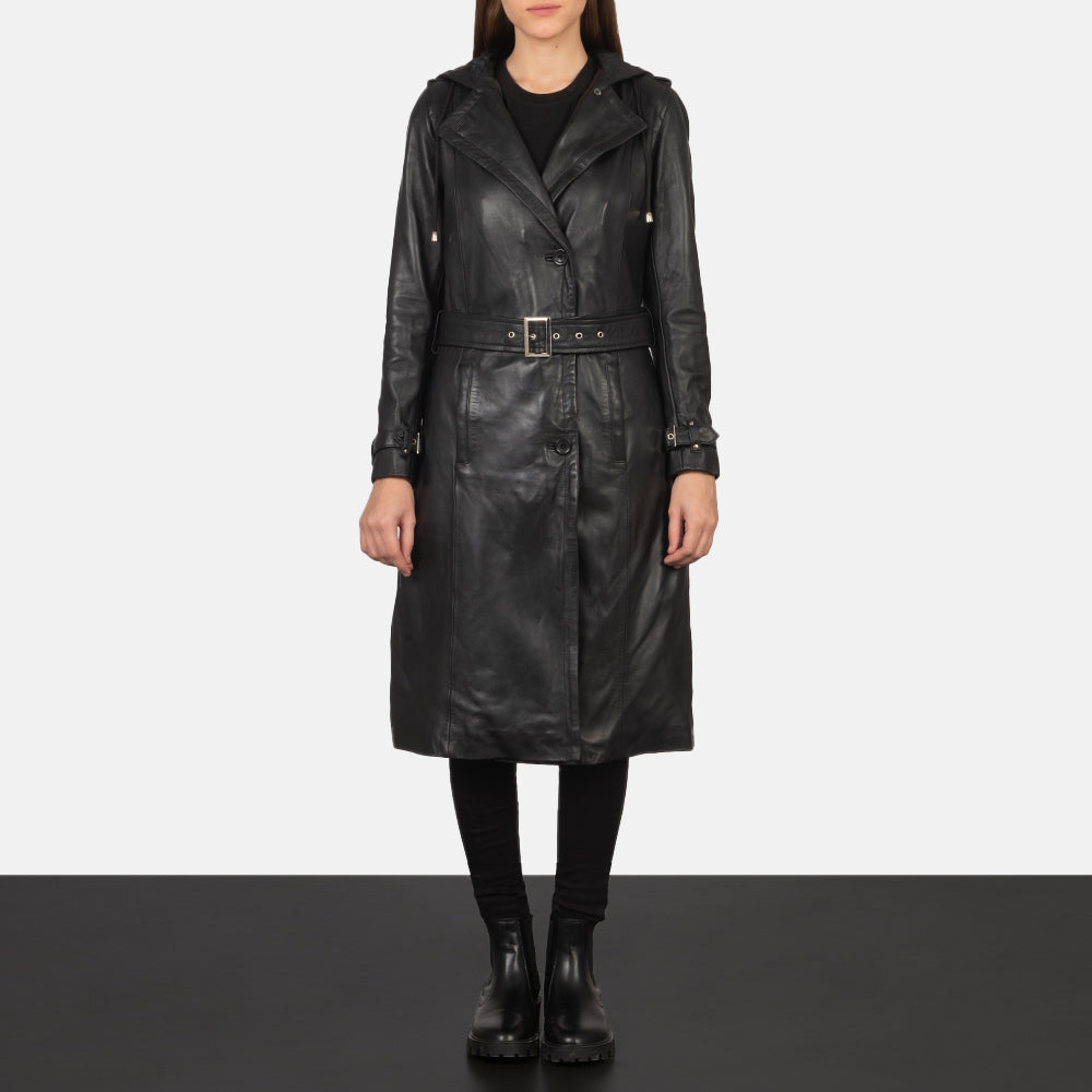 Brex Fixon Hooded Black Trench Coat - women's coat in black sheepskin leather, view 3