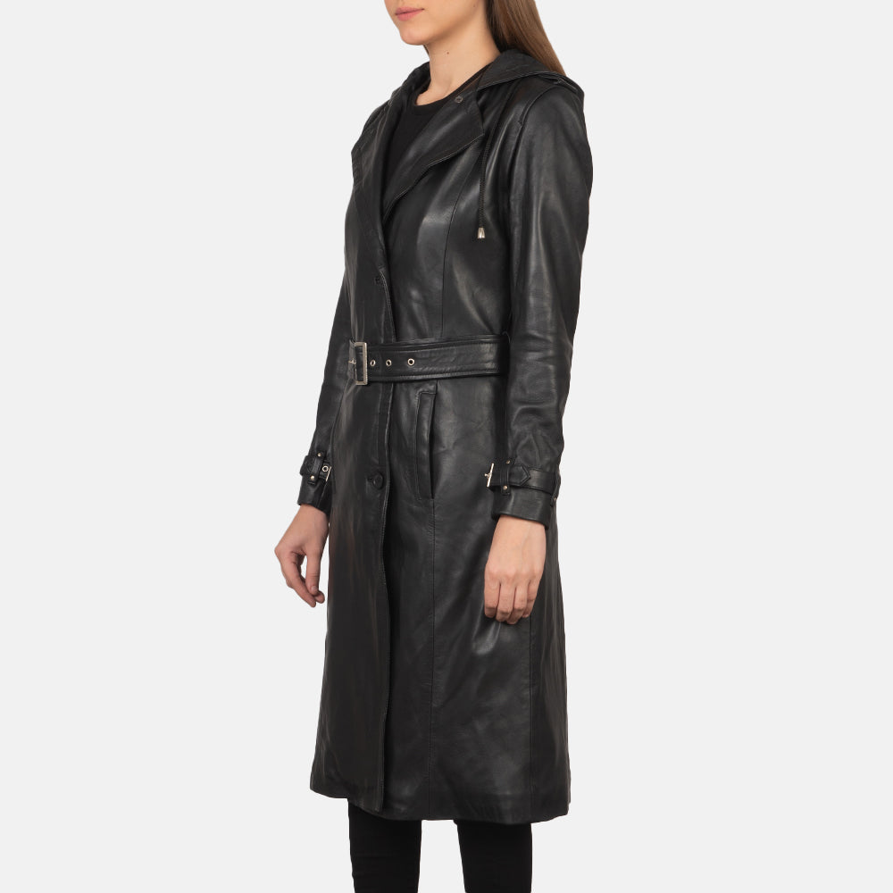 Brex Fixon Hooded Black Trench Coat - women's coat in black sheepskin leather, view 4