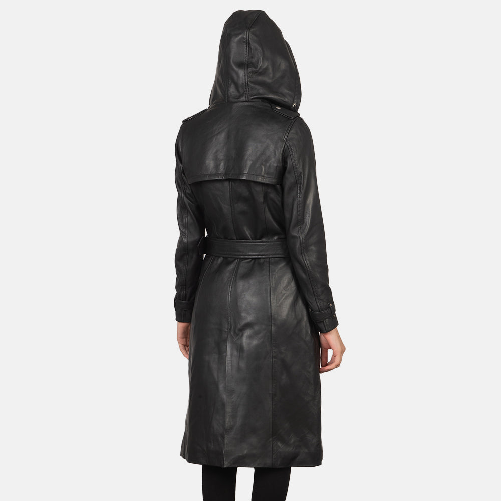 Brex Fixon Hooded Black Trench Coat - women's coat in black sheepskin leather, view 5