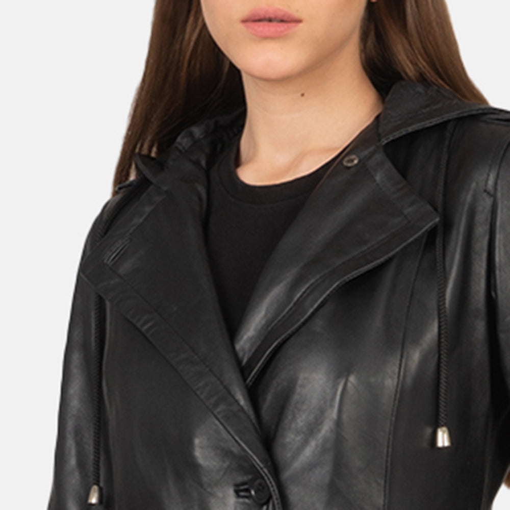 Brex Fixon Hooded Black Trench Coat - women's coat in black sheepskin leather, view 6