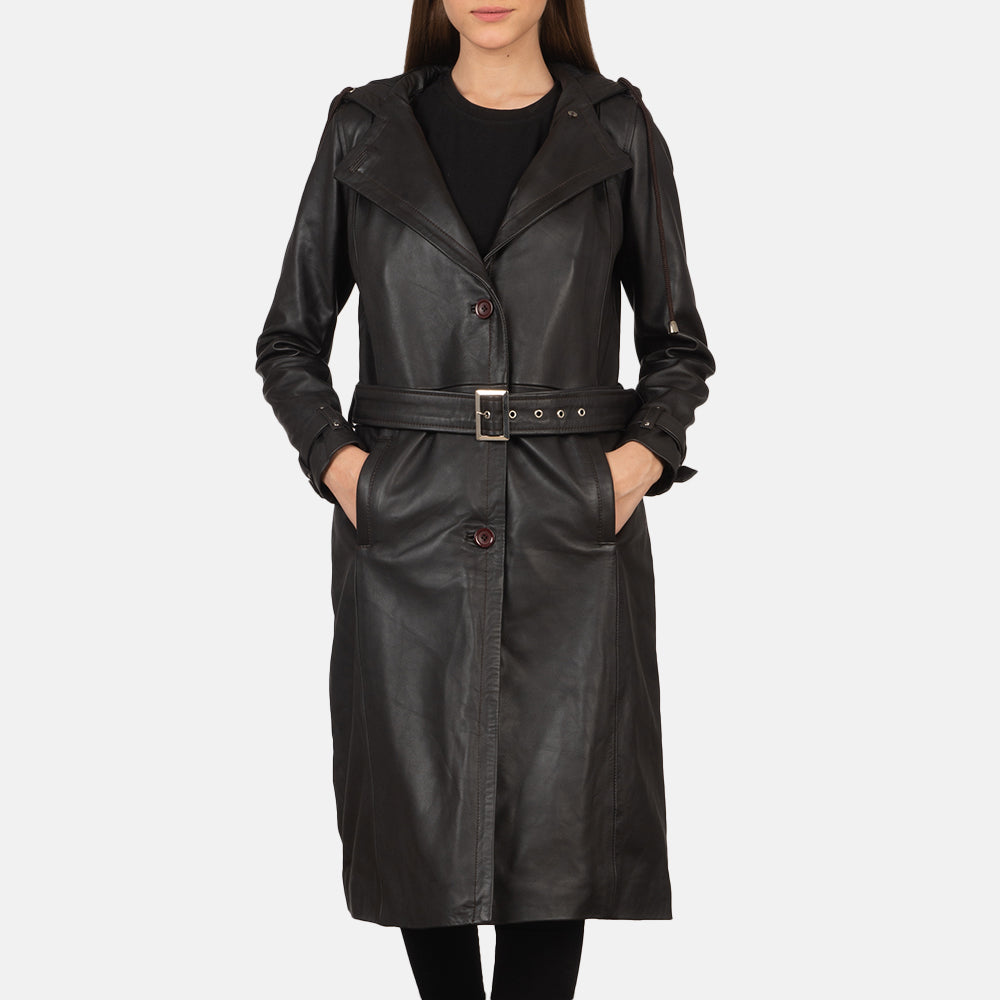 Brex Fixon Hooded Brown Trench Coat - women's coat in brown sheepskin leather, view 1