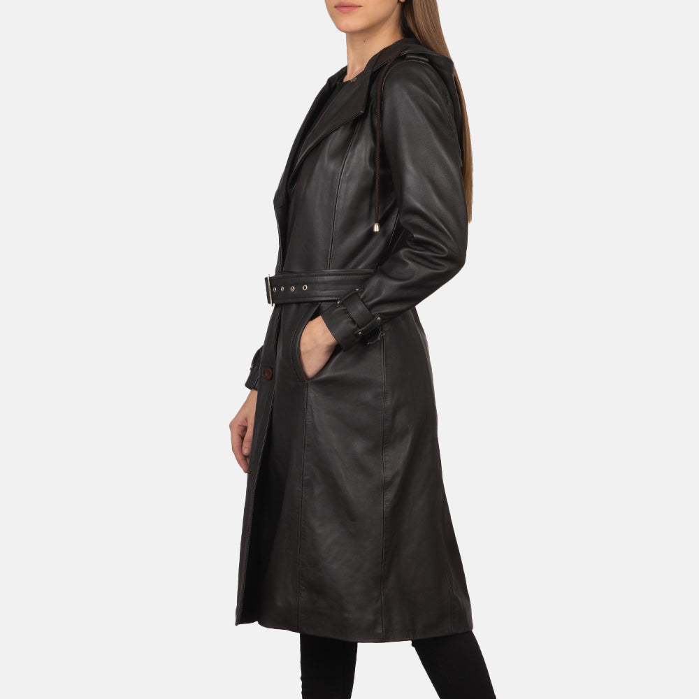 Brex Fixon Hooded Brown Trench Coat - women's coat in brown sheepskin leather, view 2