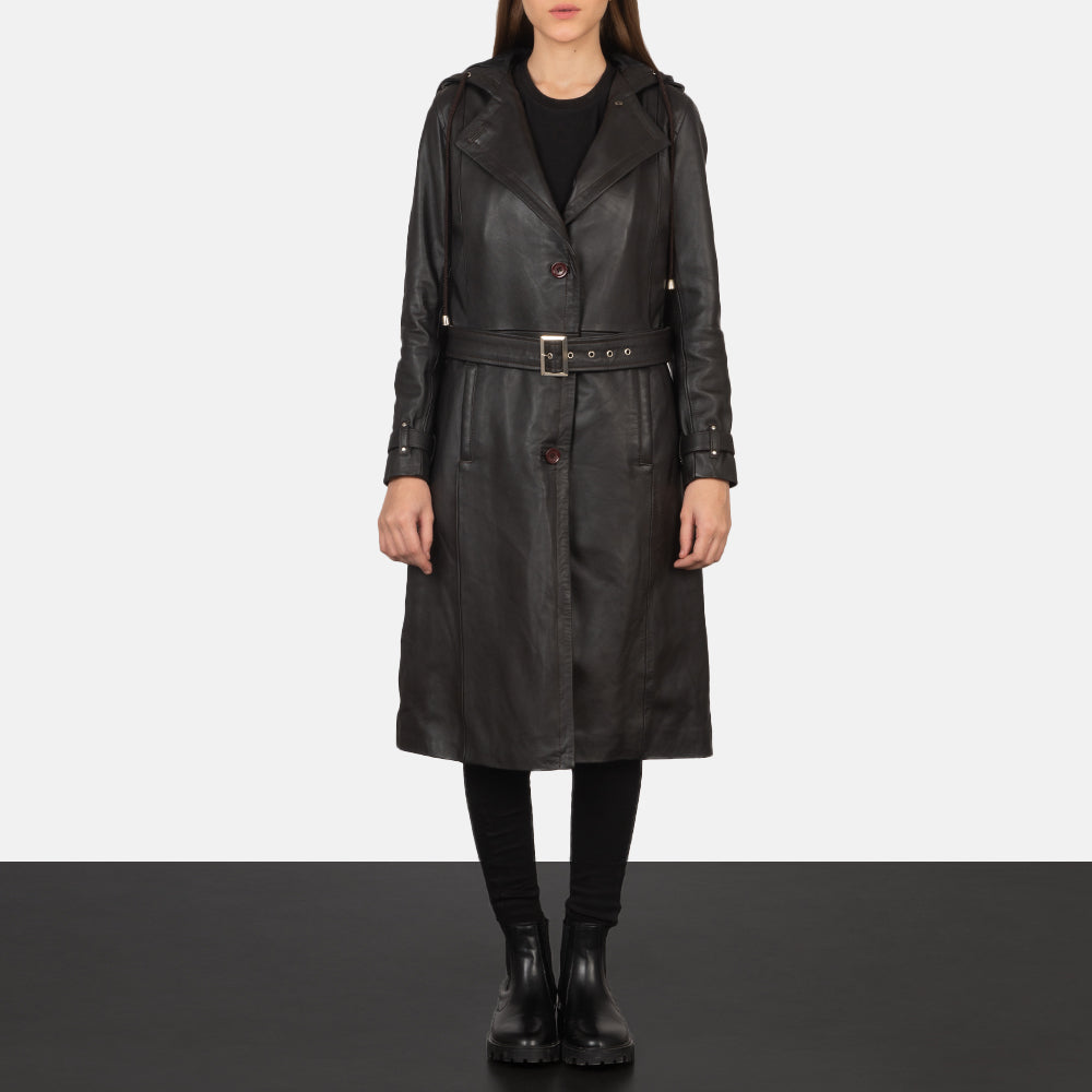 Brex Fixon Hooded Brown Trench Coat - women's coat in brown sheepskin leather, view 3