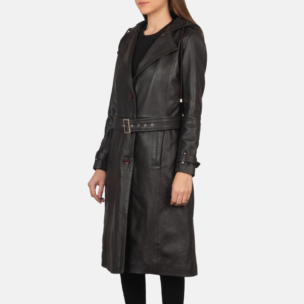Brex Fixon Hooded Brown Trench Coat - women's coat in brown sheepskin leather, view 5
