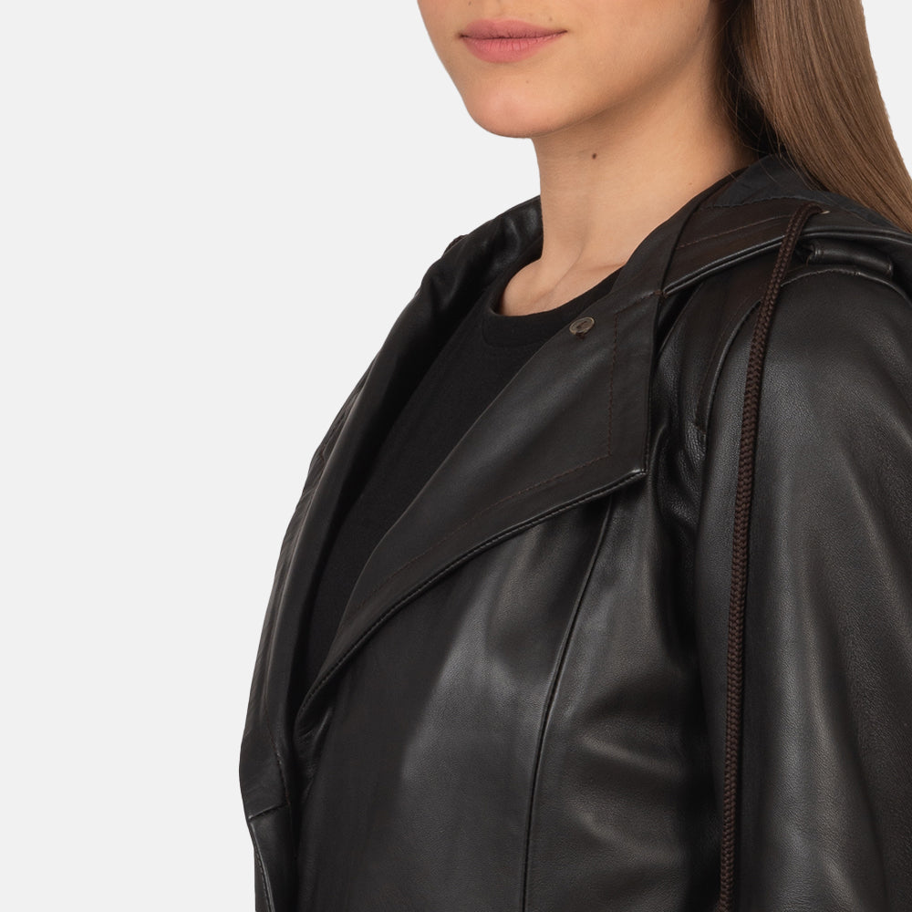 Brex Fixon Hooded Brown Trench Coat - women's coat in brown sheepskin leather, view 6