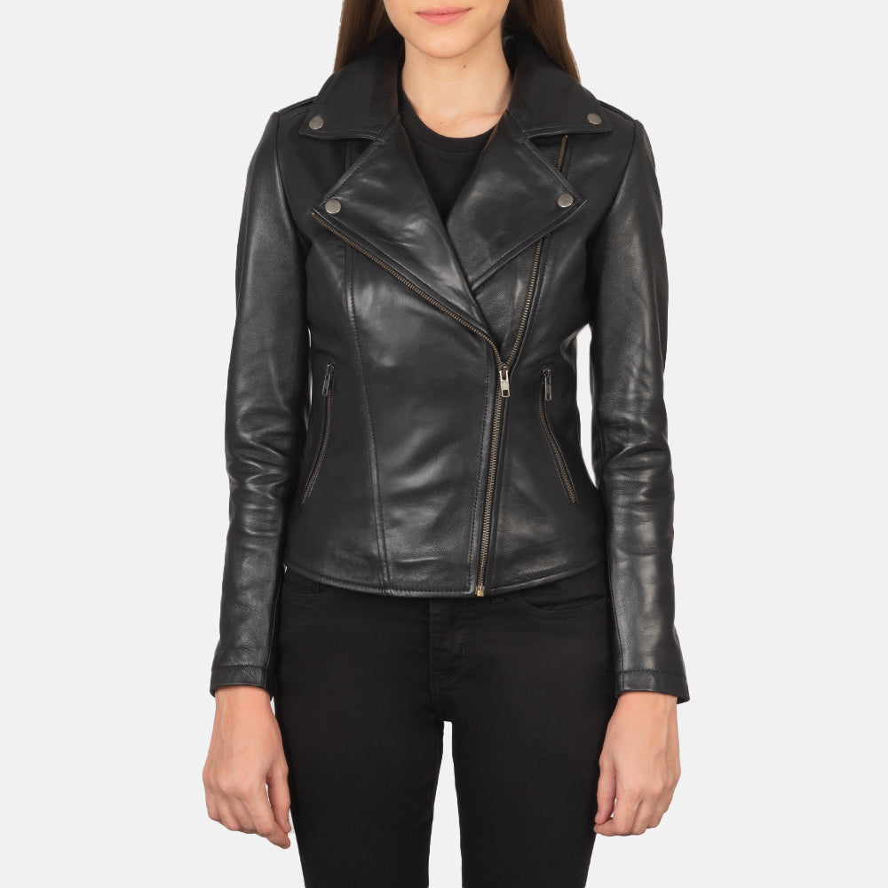 Flashback Black Leather Biker Jacket - women's jacket in black sheepskin leather, view 1