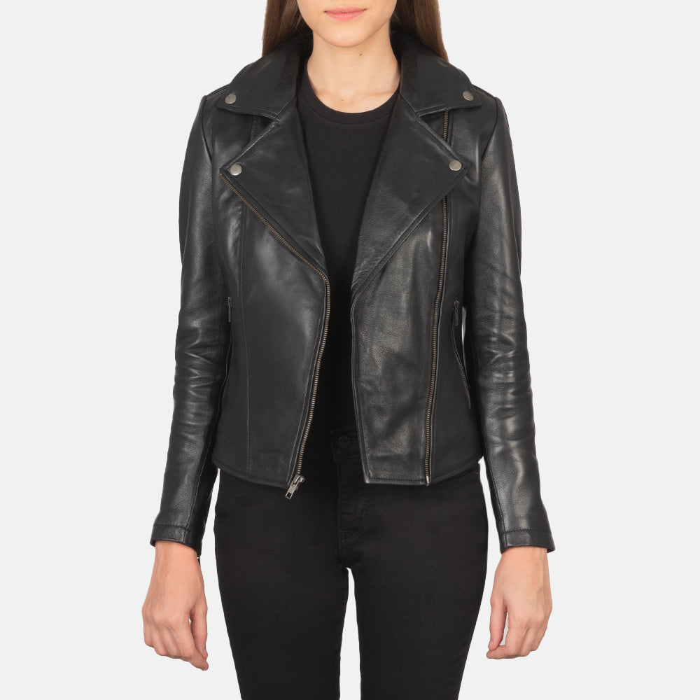 Flashback Black Leather Biker Jacket - women's jacket in black sheepskin leather, view 2