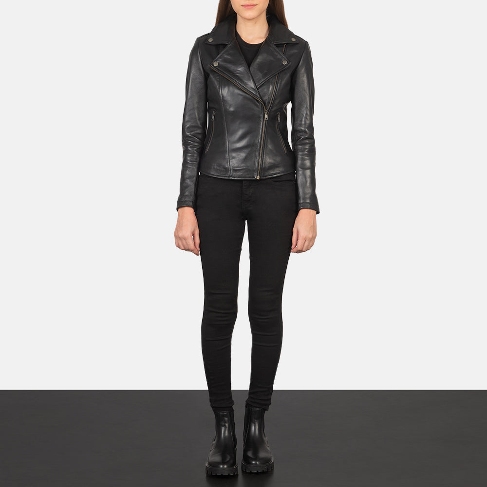 Flashback Black Leather Biker Jacket - women's jacket in black sheepskin leather, view 3