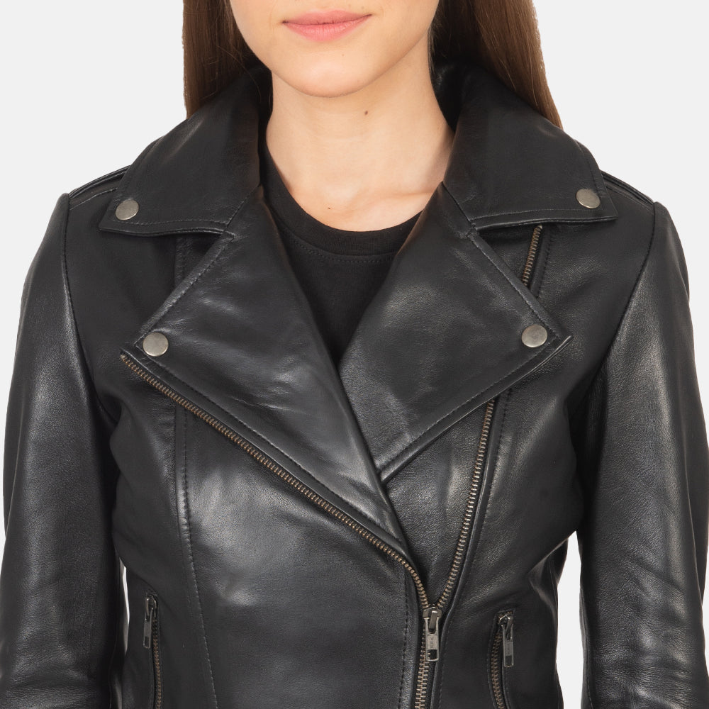 Flashback Black Leather Biker Jacket - women's jacket in black sheepskin leather, view 4