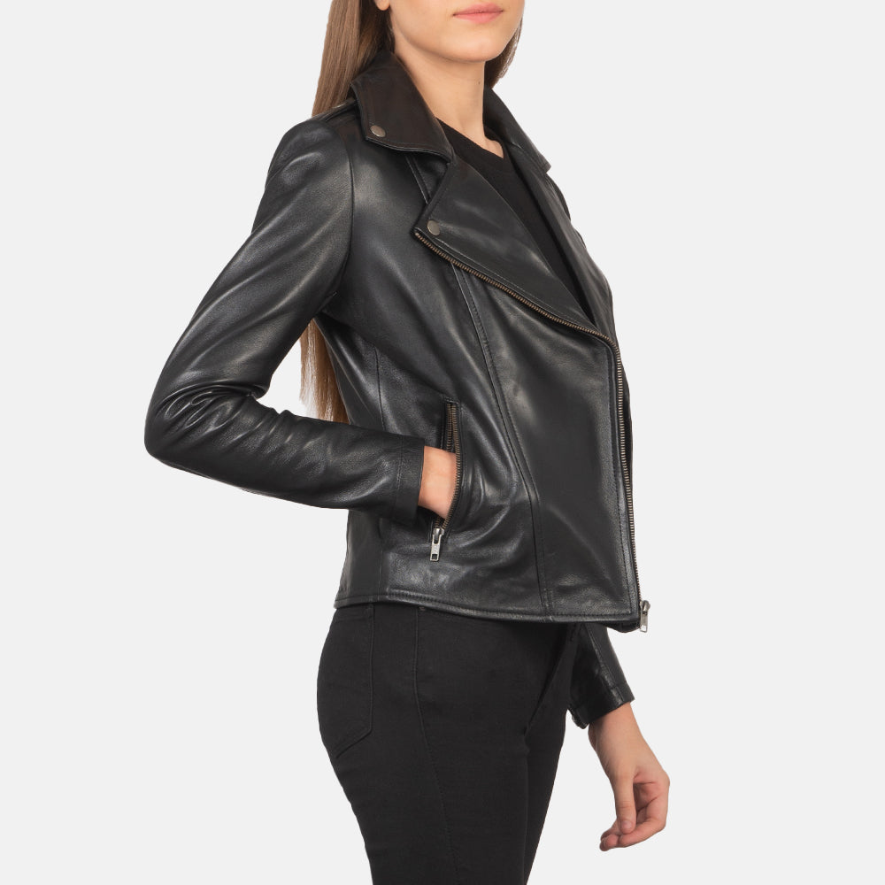 Flashback Black Leather Biker Jacket - women's jacket in black sheepskin leather, view 6
