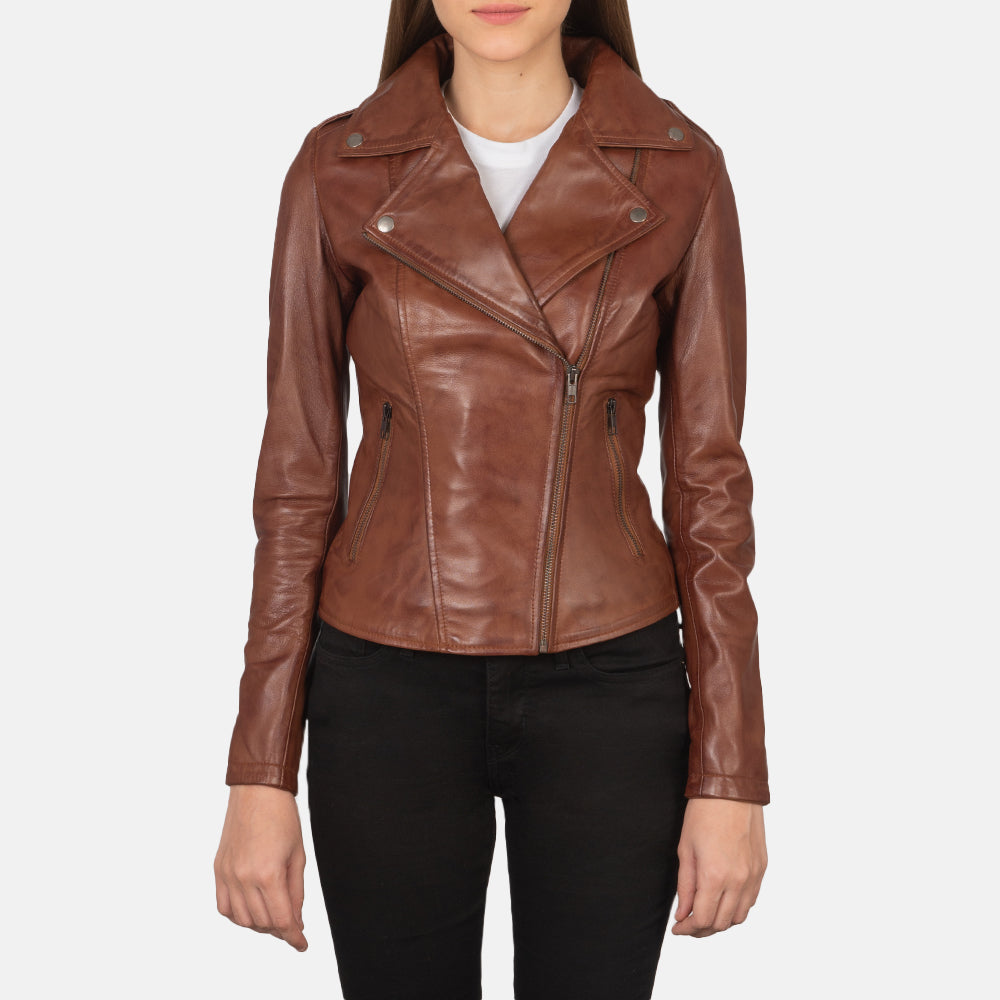 Flashback Brown Leather Biker Jacket - women's jacket in brown sheepskin leather, view 1