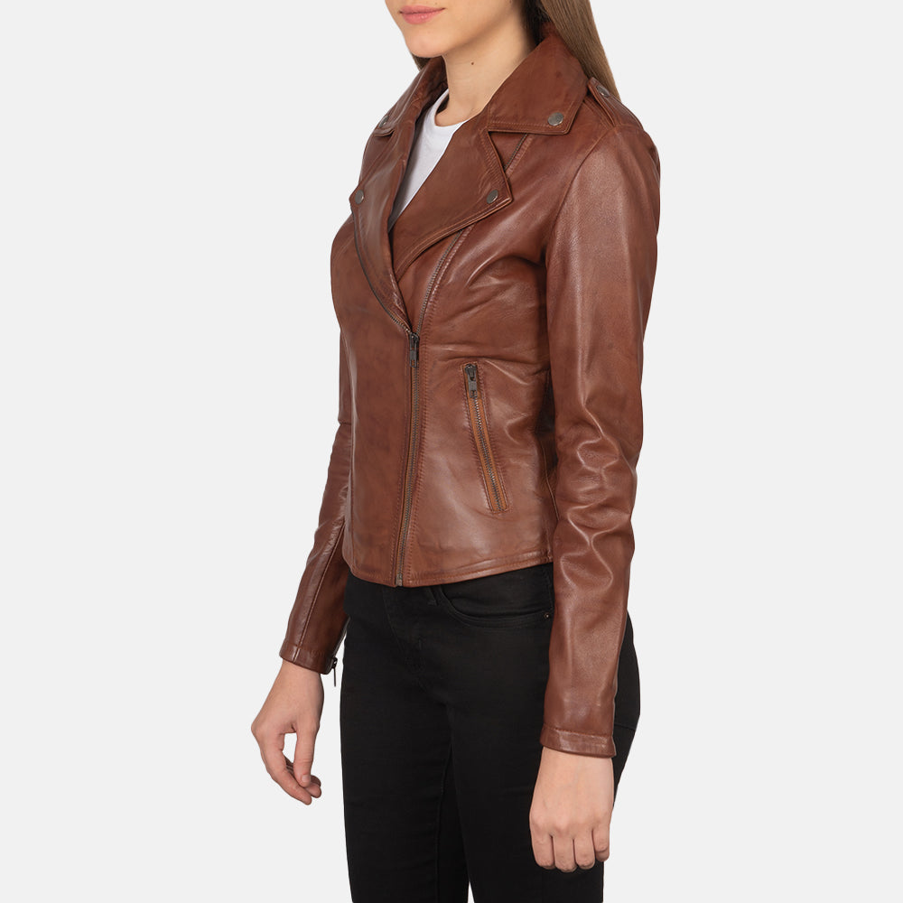Flashback Brown Leather Biker Jacket - women's jacket in brown sheepskin leather, view 2