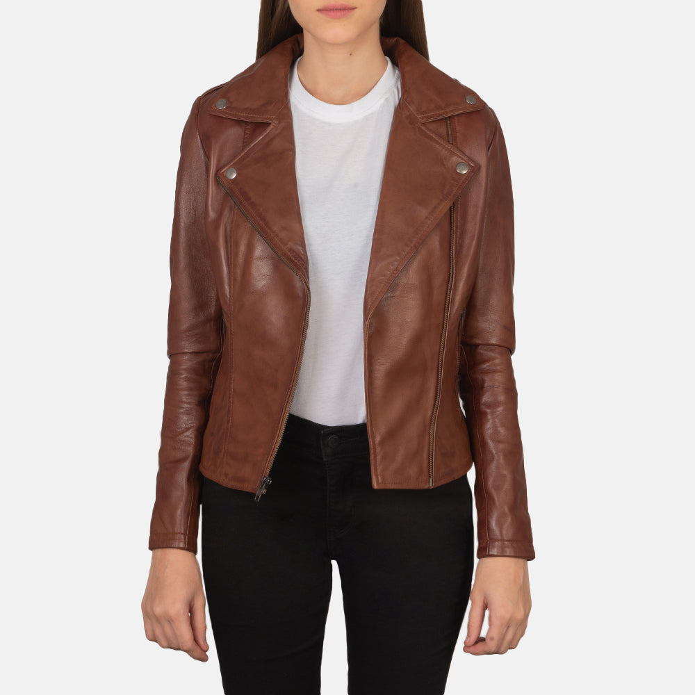 Flashback Brown Leather Biker Jacket - women's jacket in brown sheepskin leather, view 3