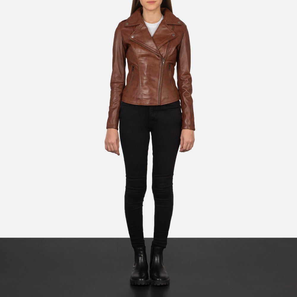 Flashback Brown Leather Biker Jacket - women's jacket in brown sheepskin leather, view 4