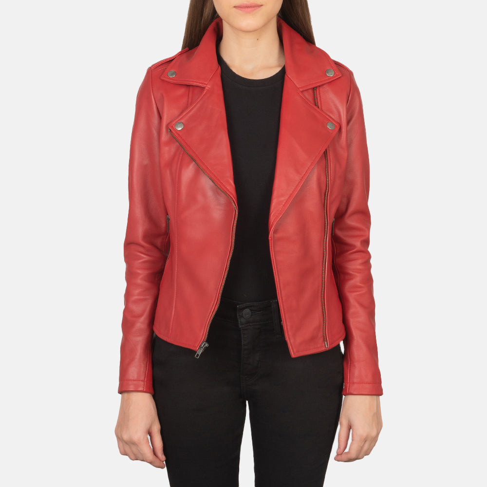 Flashback Red Leather Biker Jacket - women's jacket in red sheepskin leather, view 3