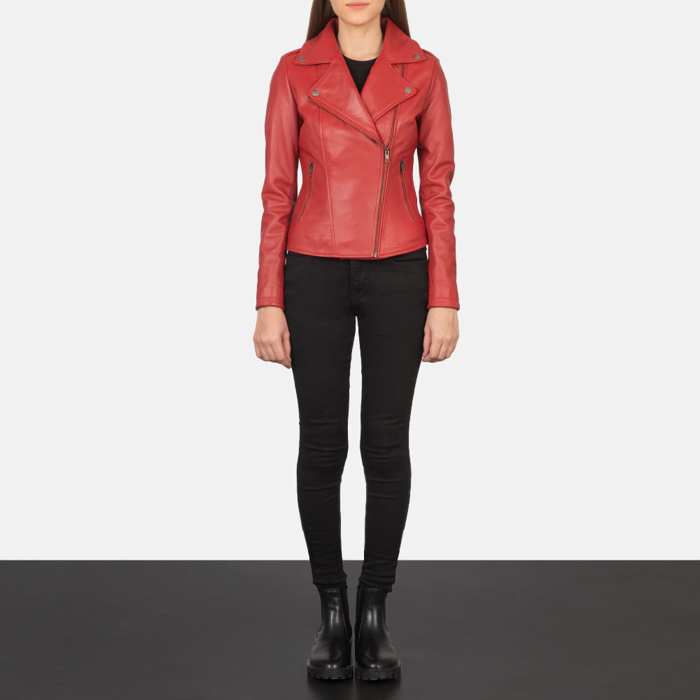 Flashback Red Leather Biker Jacket - women's jacket in red sheepskin leather, view 4