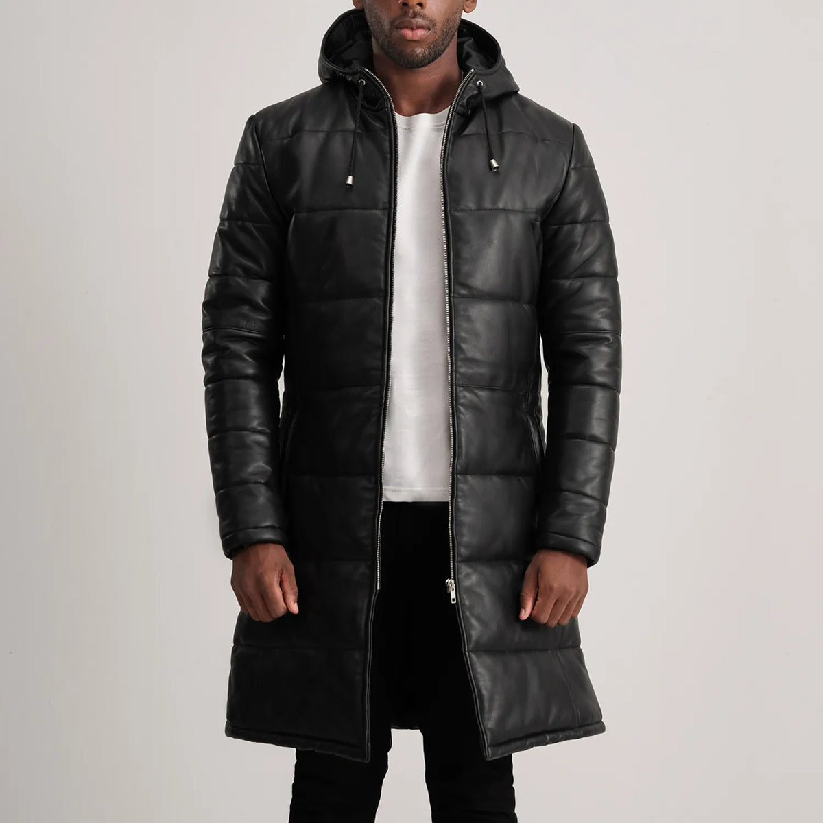 Floyd Black Hooded Leather Puffer Coat - men's coat in black sheepskin leather, view 1