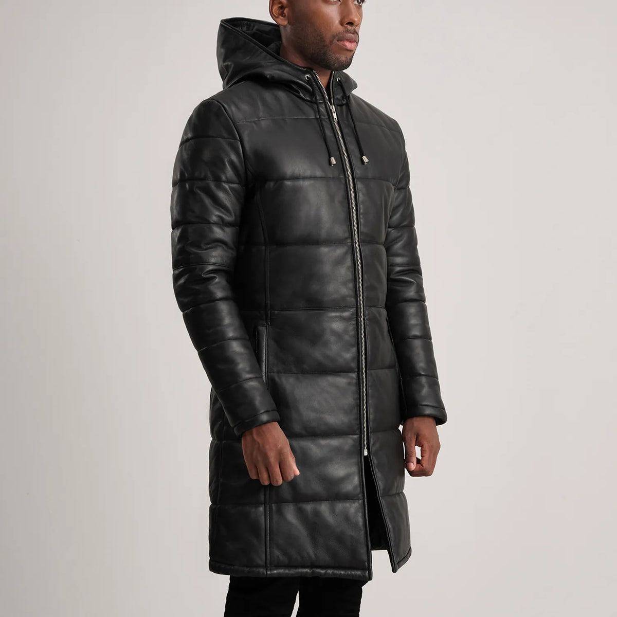 Floyd Black Hooded Leather Puffer Coat - men's coat in black sheepskin leather, view 2