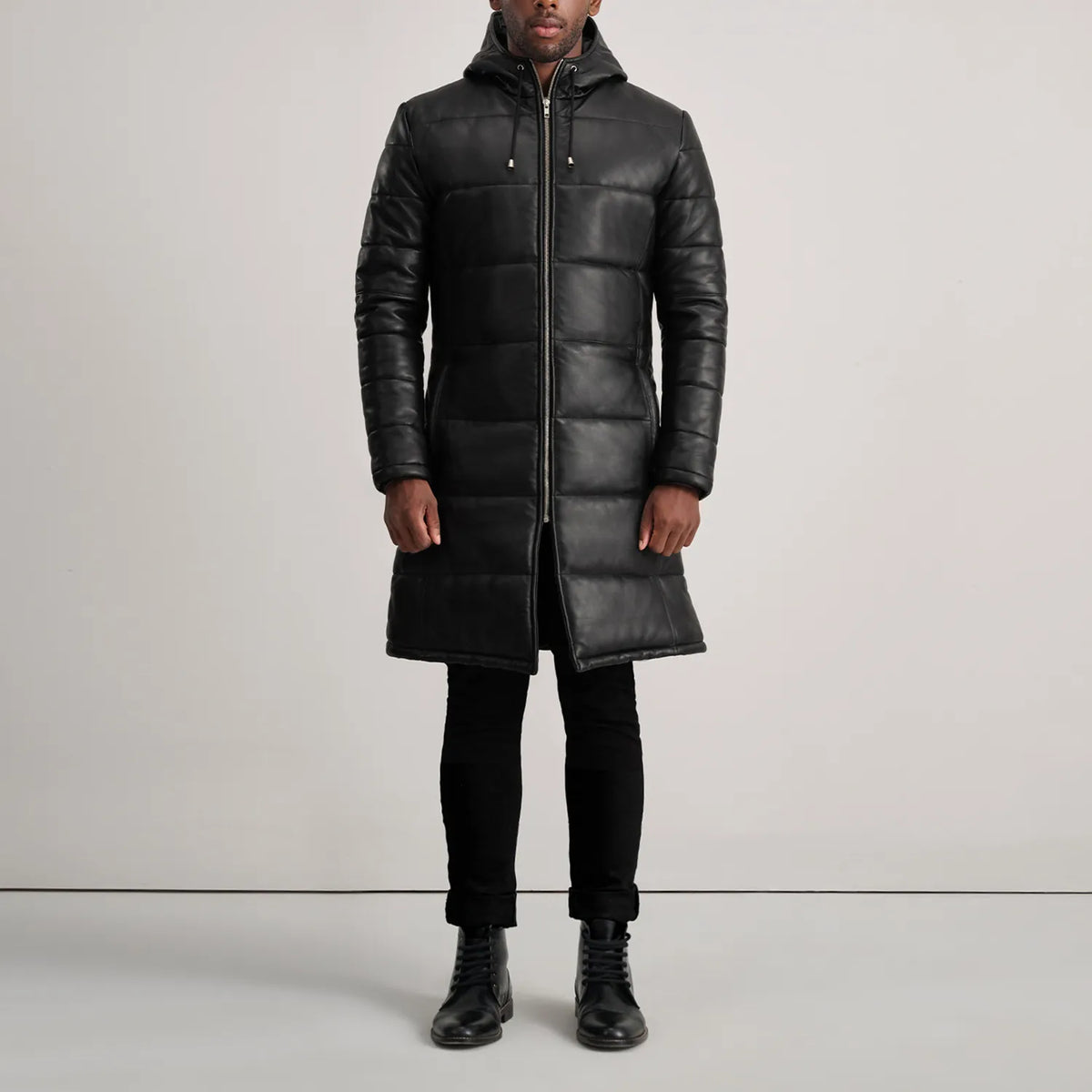 Floyd Black Hooded Leather Puffer Coat - men's coat in black sheepskin leather, view 3