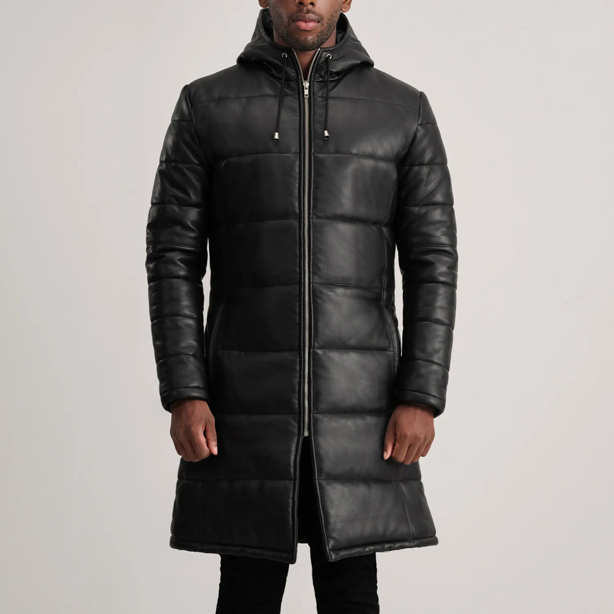 Floyd Black Hooded Leather Puffer Coat - men's coat in black sheepskin leather, view 4