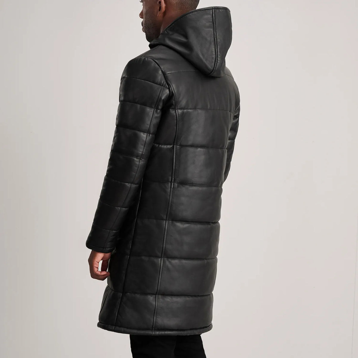 Floyd Black Hooded Leather Puffer Coat - men's coat in black sheepskin leather, view 5