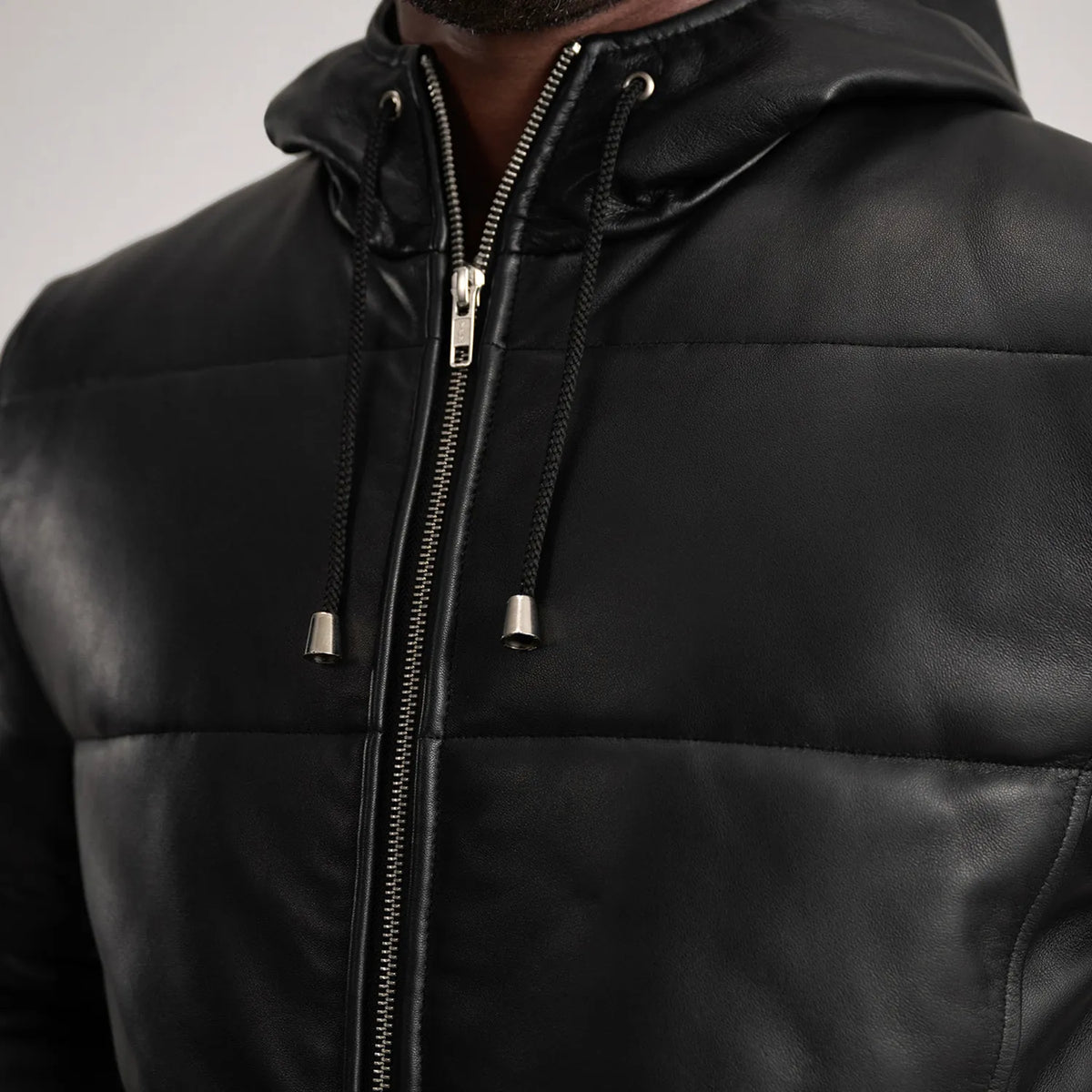 Floyd Black Hooded Leather Puffer Coat - men's coat in black sheepskin leather, view 6