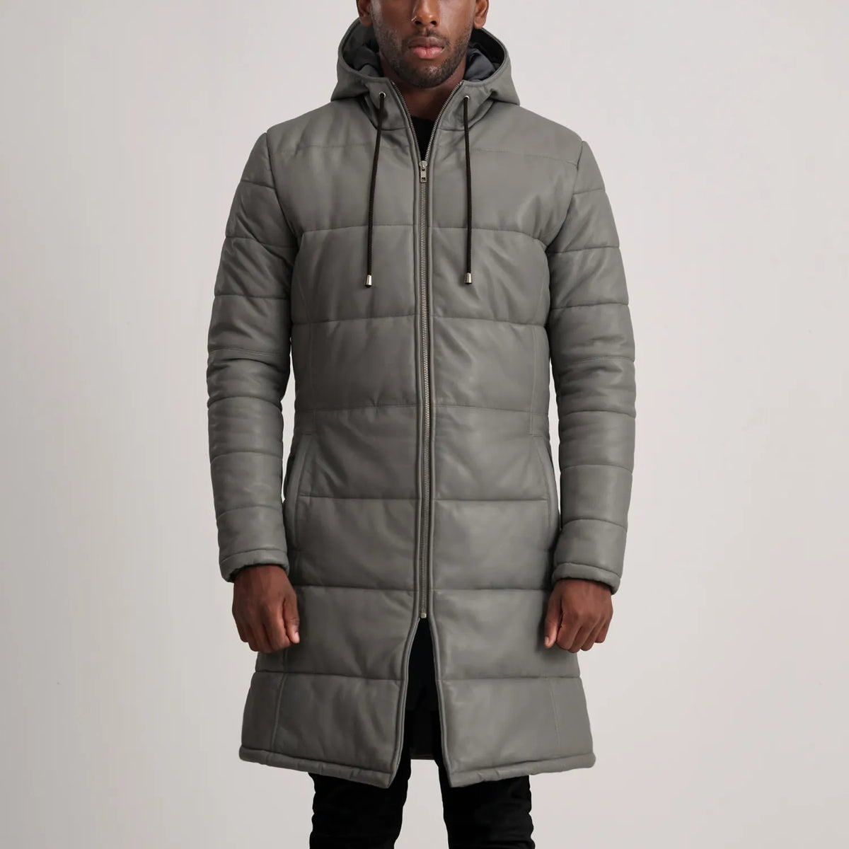 Floyd Grey Hooded Leather Puffer Coat - men's coat in grey sheepskin leather, view 1