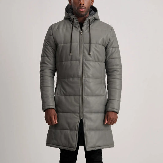 Floyd Grey Hooded Leather Puffer Coat - men's coat in grey sheepskin leather, view 1