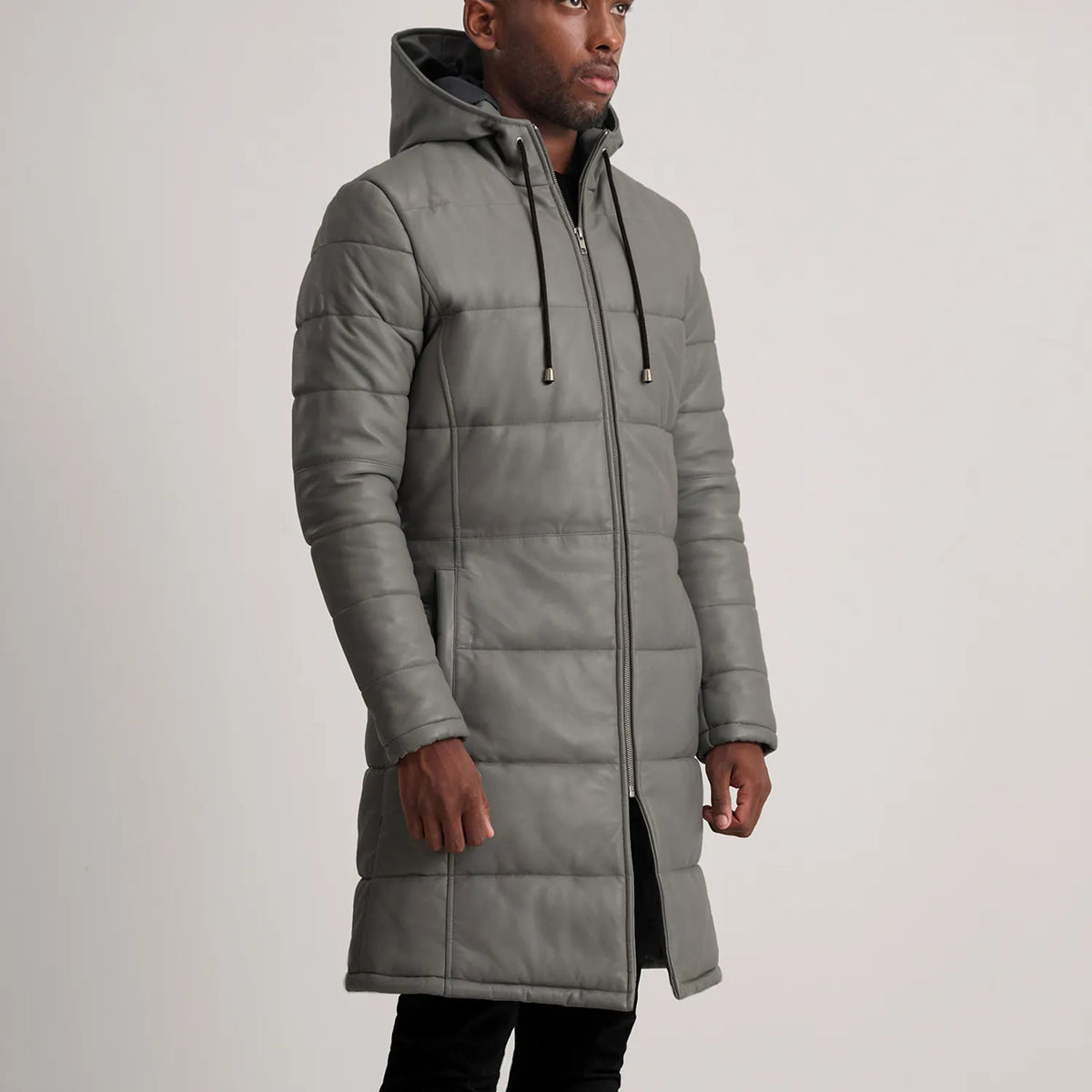 Floyd Grey Hooded Leather Puffer Coat - men's coat in grey sheepskin leather, view 2