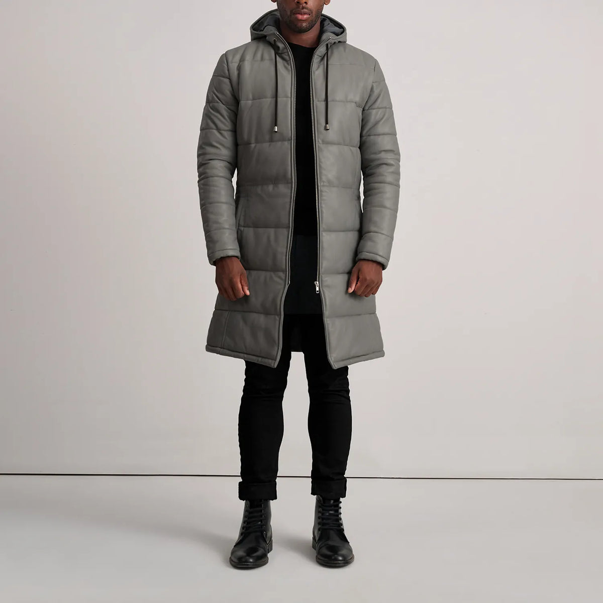 Floyd Grey Hooded Leather Puffer Coat - men's coat in grey sheepskin leather, view 3
