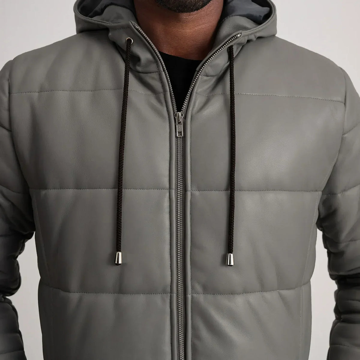 Floyd Grey Hooded Leather Puffer Coat - men's coat in grey sheepskin leather, view 4