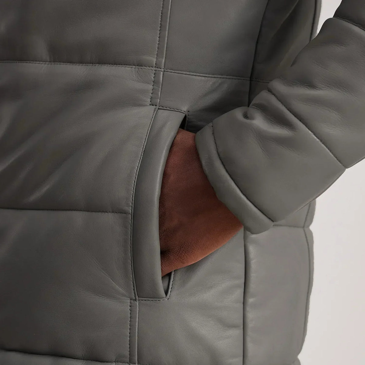 Floyd Grey Hooded Leather Puffer Coat - men's coat in grey sheepskin leather, view 6