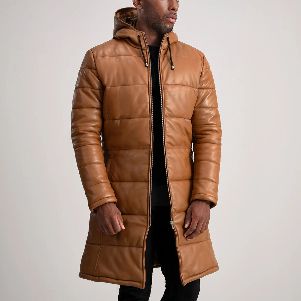 Floyd Tan Hooded Leather Puffer Coat - men's coat in tan sheepskin leather, view 1