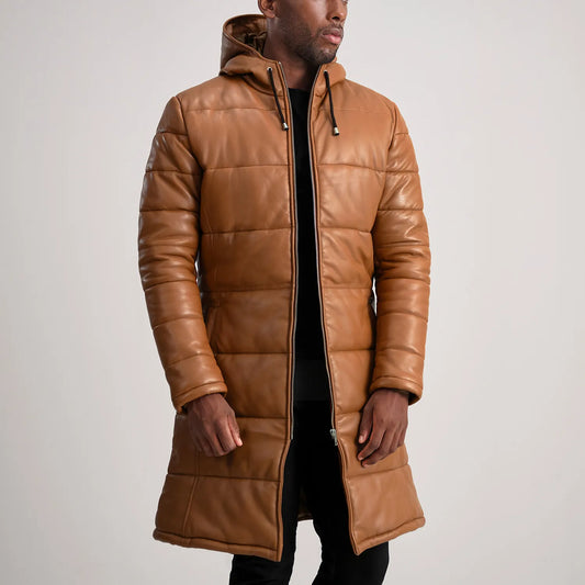 Floyd Tan Hooded Leather Puffer Coat - men's coat in tan sheepskin leather, view 1