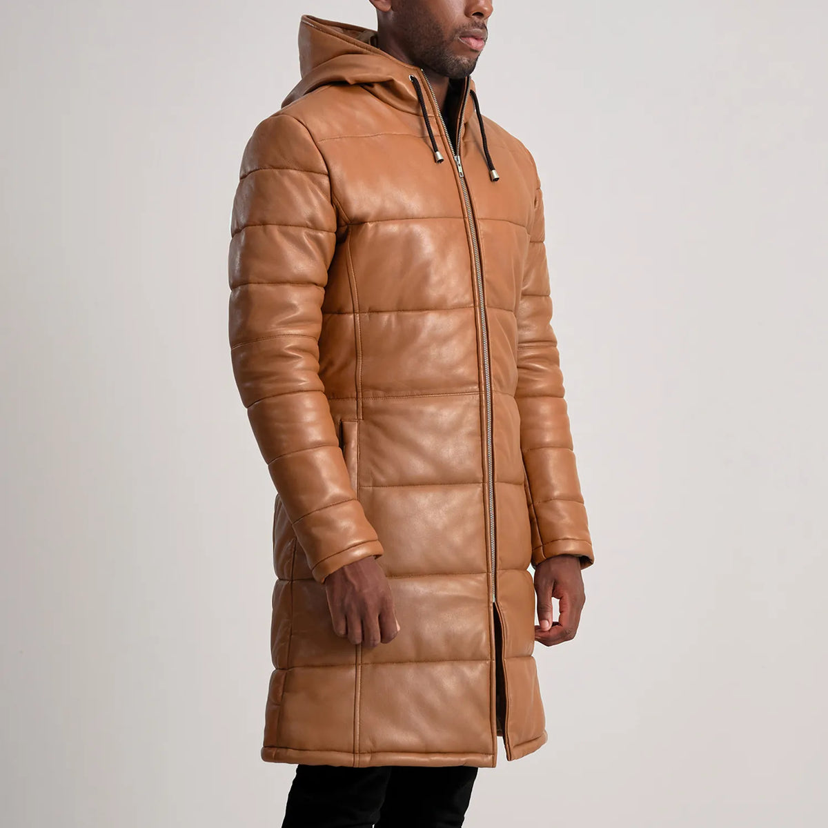 Floyd Tan Hooded Leather Puffer Coat - men's coat in tan sheepskin leather, view 2