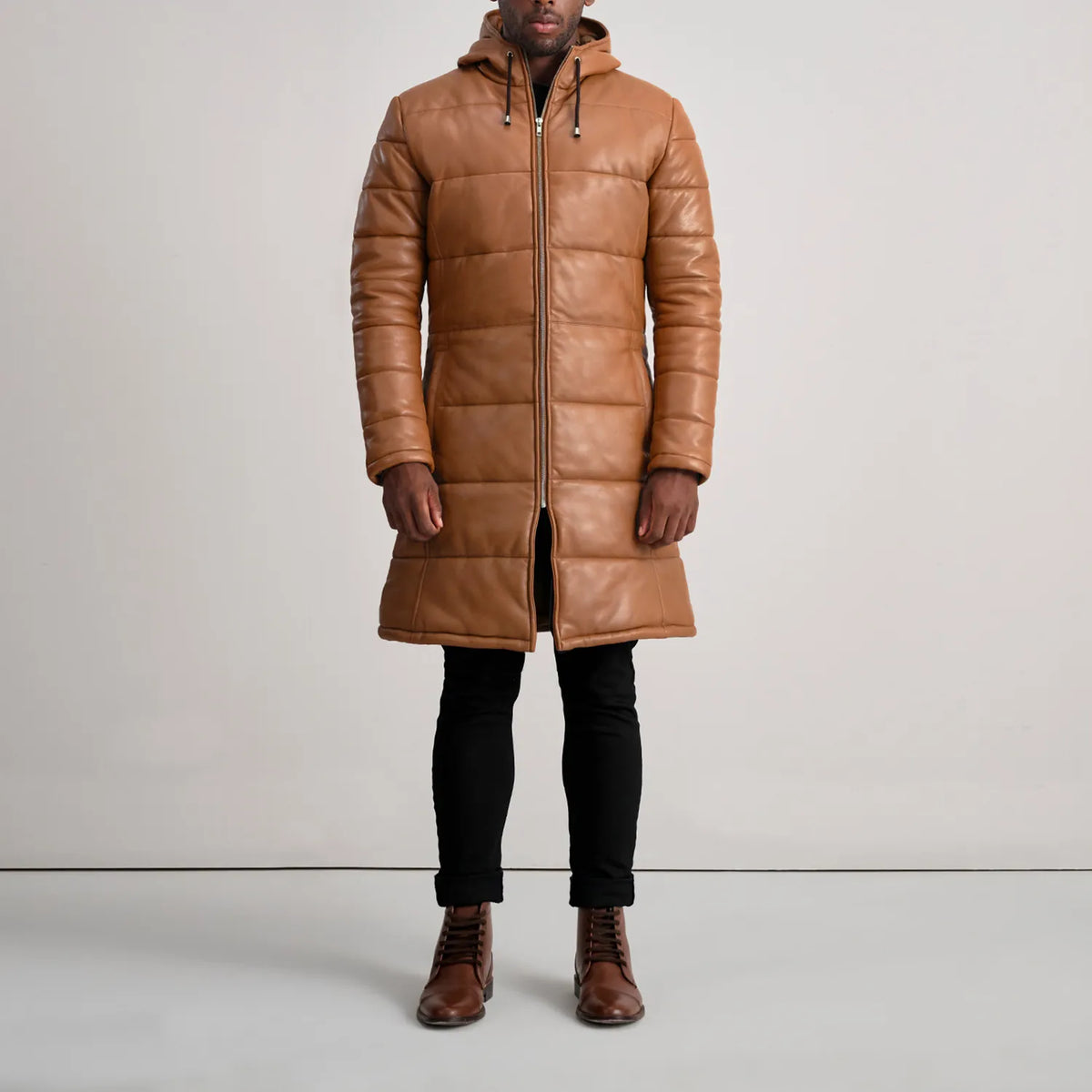 Floyd Tan Hooded Leather Puffer Coat - men's coat in tan sheepskin leather, view 3