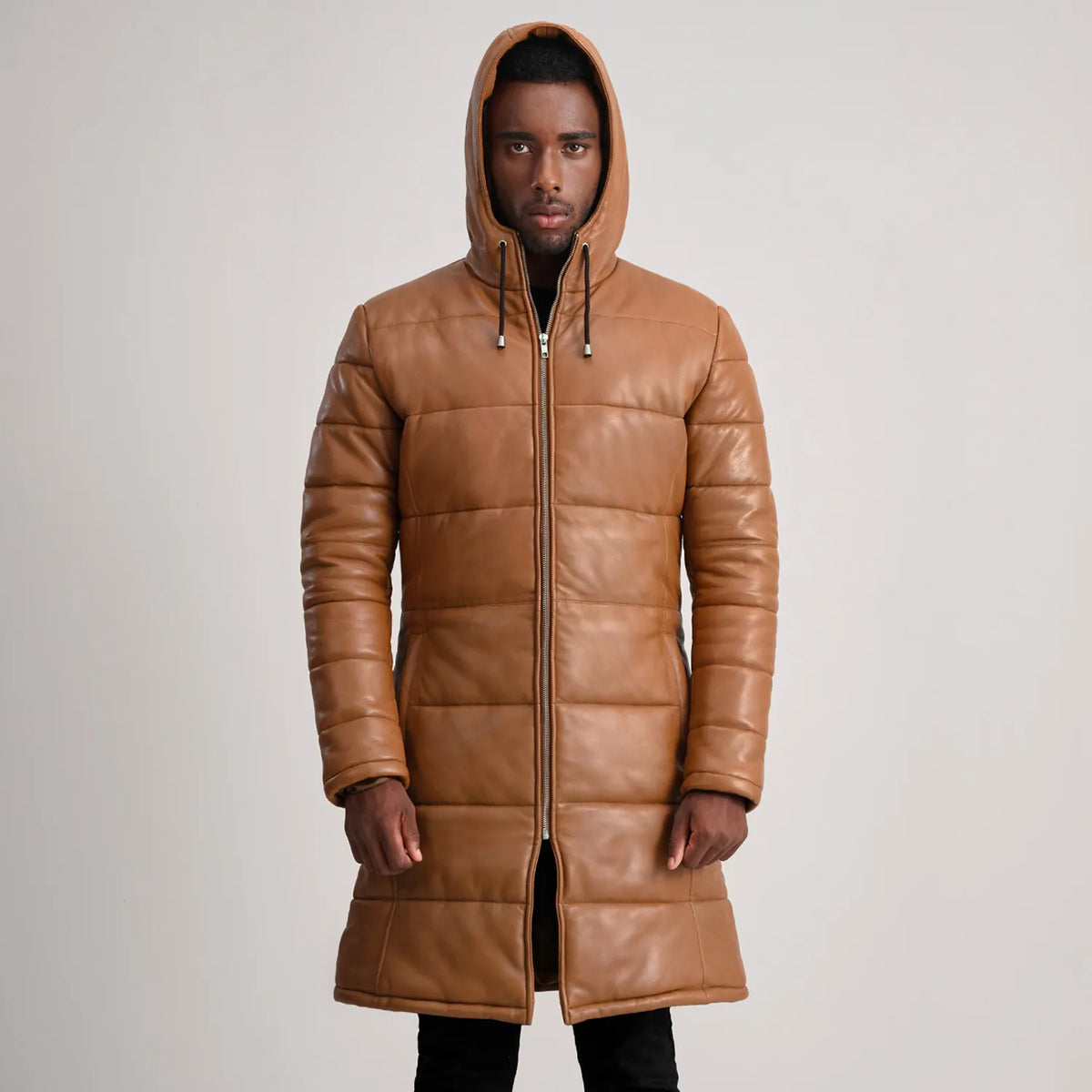 Floyd Tan Hooded Leather Puffer Coat - men's coat in tan sheepskin leather, view 4