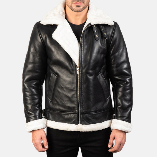Francis B-3 Black & White Leather Bomber Jacket - men's jacket in black & white sheepskin leather, view 1