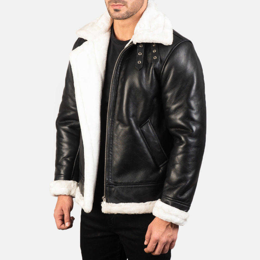 Francis B-3 Black & White Leather Bomber Jacket - men's jacket in black & white sheepskin leather, view 2